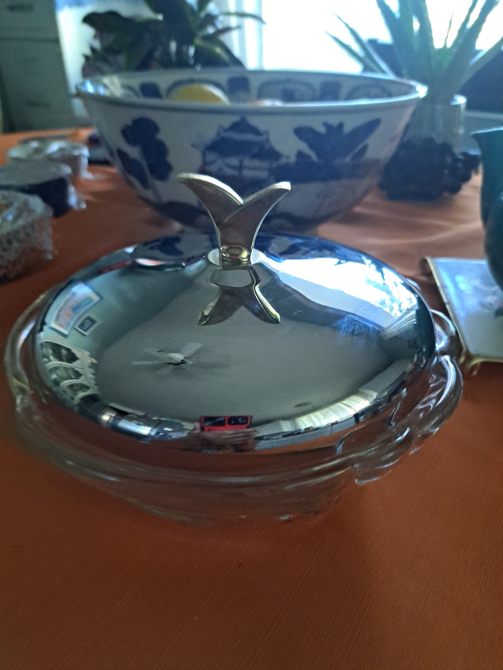 Glass Covered Serving Dish with Silver Lid and Gold Handle